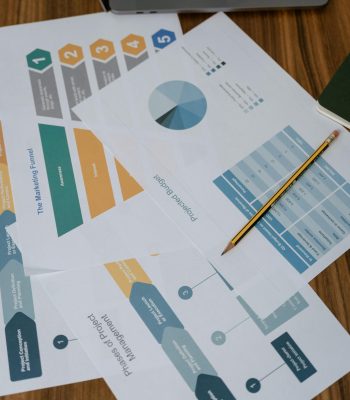 Overhead view of project management documents and charts on a desk with a pencil.